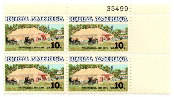 United States | Chautauqua Tent Plate Block of Four 10-Cent United States Postage Stamps Issued 1974 Stamp United States