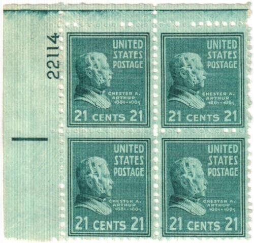 United States | Chester Arthur Plate Block of Four 21-Cent United States Postage Stamps Issued 1938 Stamp United States