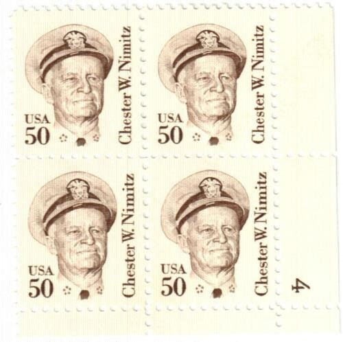 United States | Chester Nimitz Plate Block of Four 50-Cent United States Postage Stamps Brown Stamp Brown