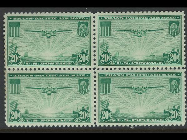 United States | China Clipper Aircraft Block of Four 20-Cent US Air Mail Postage Stamps Issued 1937 Green Stamp Green