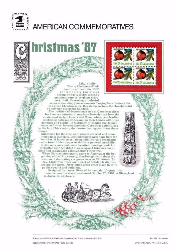 United States | Christmas ’87 United States Postage Stamps Commemorative Panel Stamp United States