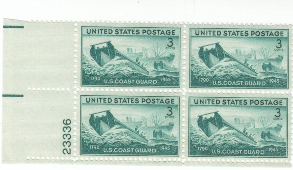 United States | Coast Guard Plate Block of Four 3-Cent United States Postage Stamps Issued 1945 Bright blue green Stamp Bright blue green