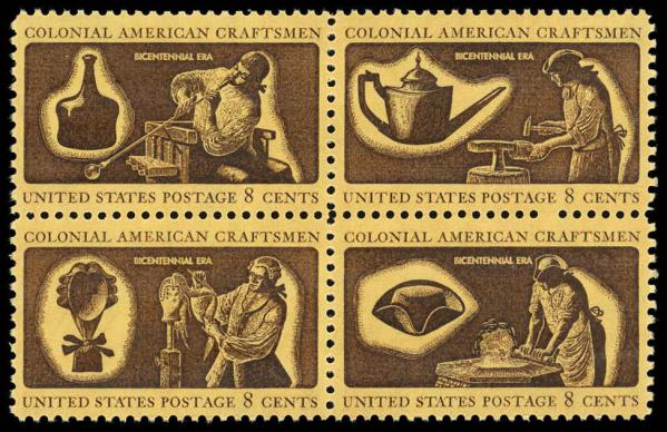 United States | Colonial American Craftsmen Block of Four 8-Cent United States Postage Stamps Brown and dull yellow Stamp Brown & dull yellow