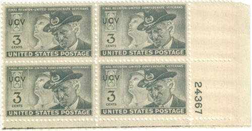 United States | Confederate Veterans Plate Block of Four 3-Cent United States Postage Stamps Issued 1951 Gray Stamp Gray