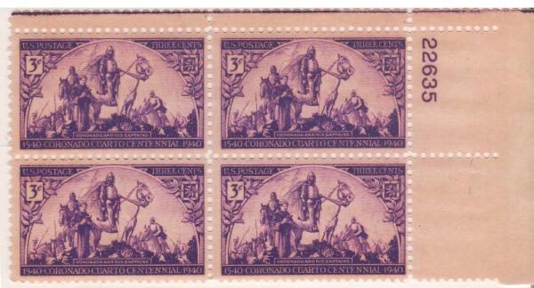 United States | Coronado Expedition Plate Block of Four 3-Cent United States Postage Stamps Issued 1940 Violet Stamp United States