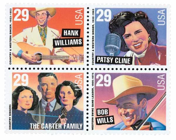 United States | Country Music Legends Block of Four 29-Cent United States Postage Stamps Issued 1993 Stamp United States