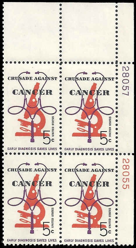 United States | Crusade Against Cancer Plate Block of Four 5-Cent United States Postage Stamps Issued 1965 Black, purple, and red orange Stamp Black, purple, & red orange