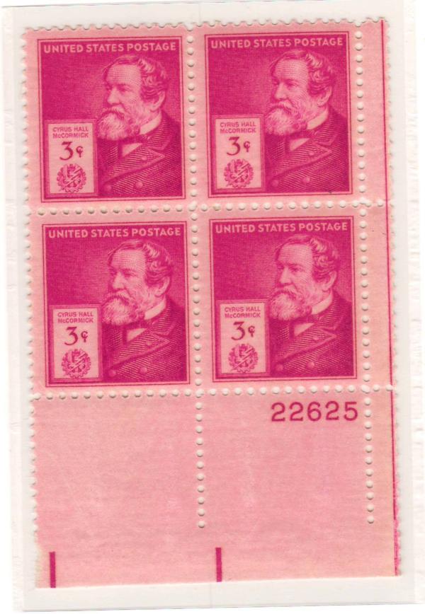 United States | Cyrus McCormick Plate Block of Four 3-Cent United States Postage Stamps Issued 1940 Stamp United States