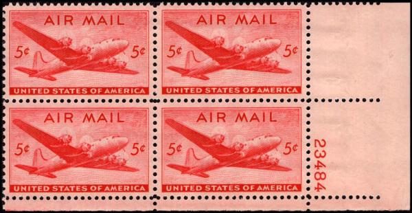 United States | DC-4 Skymaster Plate Block of Four 5-Cent United States Air Mail Postage Stamps Carmine Stamp Carmine