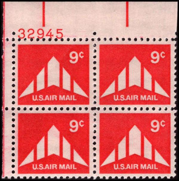 United States | Delta Wing Plate Block of Four 9-Cent United States Air Mail Postage Stamps Issued 1971 Red Stamp Red