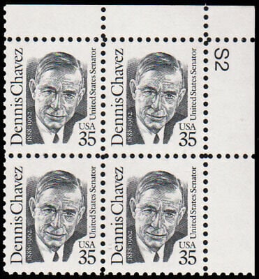 United States | Dennis Chavez Plate Block of Four 35-Cent United States Postage Stamps Issued 1991 Stamp United States