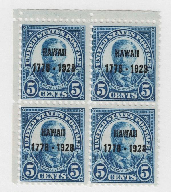 United States | Discovery of Hawaii Block of Four 5-Cent Overprinted United States Postage Stamps Issued 1928 Dark blue Stamp Dark blue