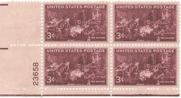 United States | Doctor Plate Block of Four 3-Cent United States Postage Stamps Issued 1947 Brown violet (or violet brown) Stamp Brown violet (or violet brown)