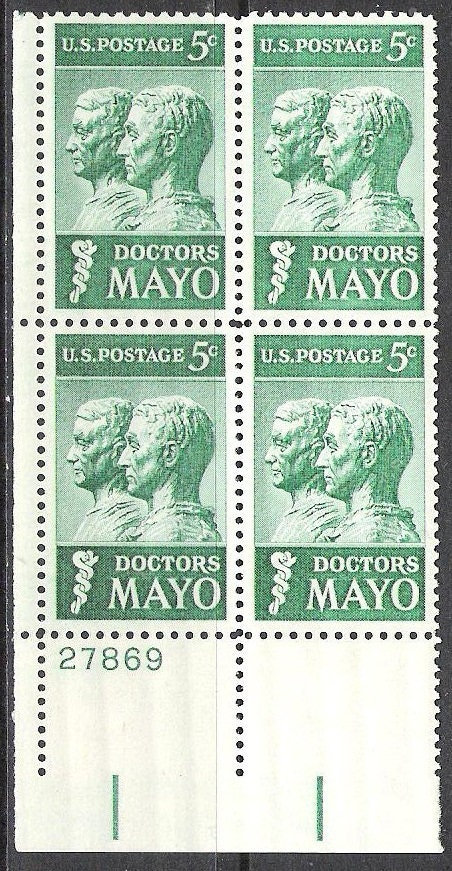 United States | Doctors Mayo Plate Block of Four 5-Cent United States Postage Stamps Issued 1964 Stamp United States