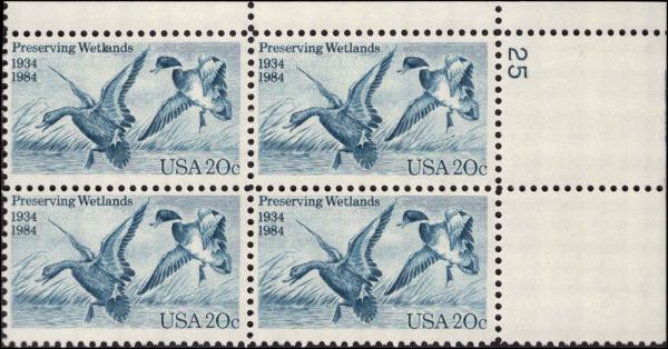 United States | Ducks Wetlands Plate Block of Four 20-Cent United States Postage Stamps Issued 1984 Blue Stamp Blue