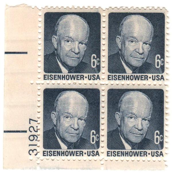 United States | Dwight Eisenhower Plate Block of Four 6-Cent US Postage Stamps Issued 1970 Dark blue gray Stamp Dark blue gray