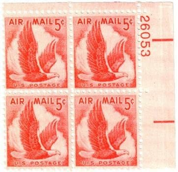 United States | Eagle in Flight Plate Block of Four 5-Cent United States Air Mail Postage Stamps Rose red Stamp Rose red