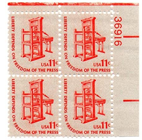 United States | Early Printing Press Plate Block of Four 11-Cent United States Postage Stamps Orange Stamp Orange