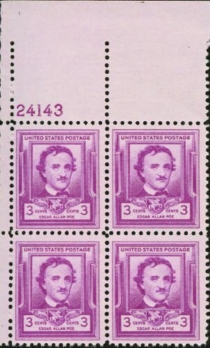 United States | Edgar Allan Poe Plate Block of Four 3-Cent United States Postage Stamps Issued 1940 Bright red violet Stamp Bright red violet