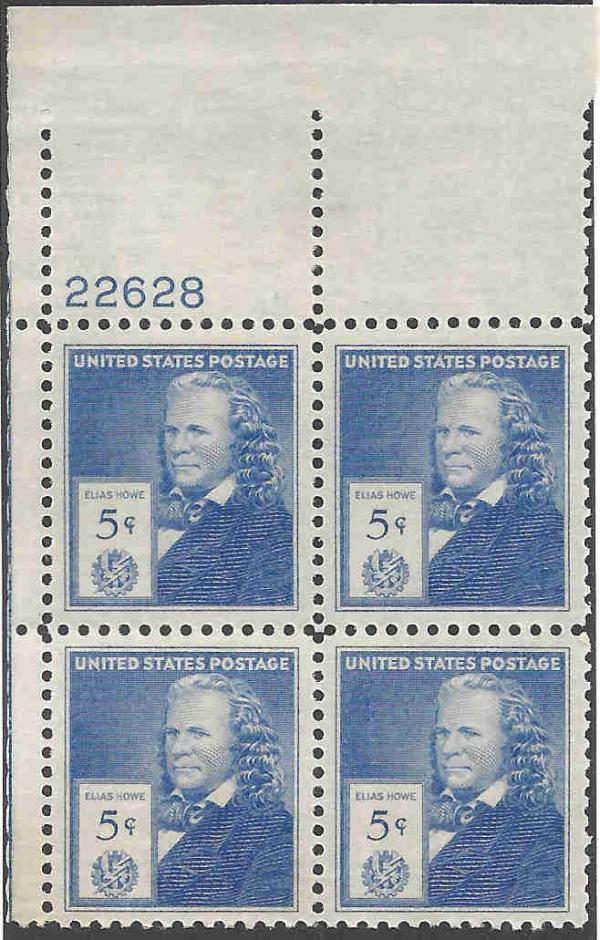 United States | Elias Howe  Plate Block of Four 5-Cent United States Postage Stamps Issued 1940 Ultramarine Stamp Ultramarine