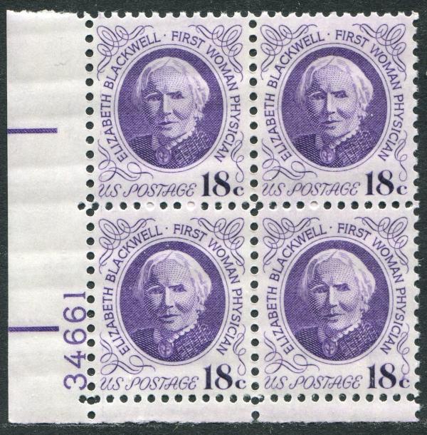 United States | Elizabeth Blackwell Plate Block of Four 18-Cent US Postage Stamps Issued 1974 Violet Stamp United States