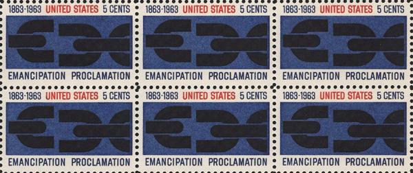 United States | Emancipation Proclamation Block of Six 5-Cent United States Postage Stamps Issued 1963 Dark blue, black and red Stamp Dark blue, black & red