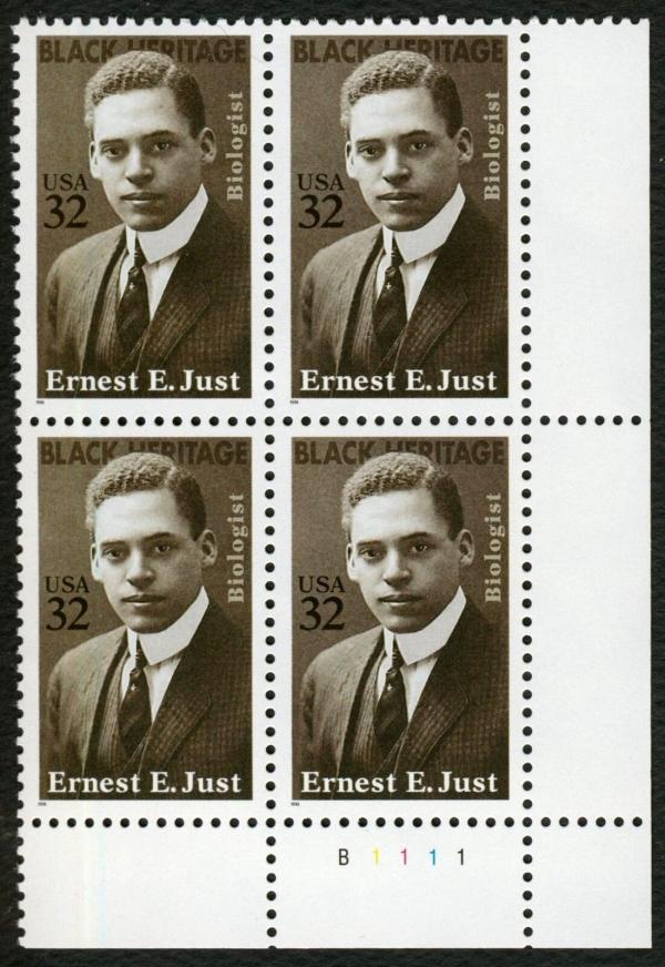 United States | Ernest E Just Plate Block of Four 32-Cent United States Postage Stamps Issued 1996 Gray and black Stamp Gray & black