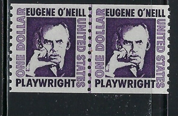 United States | Eugene O’Neill Coil Line Pair of Two 1-Dollar US Postage Stamps Issued 1973 Dull purple Stamp Dull purple