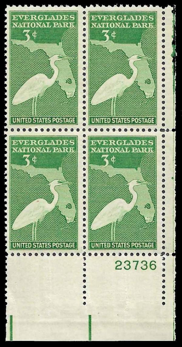 United States | Everglades National Park Plate Block of Four 3-Cent United States Postage Stamps Issued 1947 Stamp United States