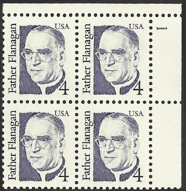 United States | Father Flanagan Plate Block of Four 4-Cent United States Postage Stamps Issued 1986 Stamp United States