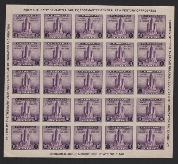 United States | Federal Building Chicago Souvenir Sheet of Twenty-Five 3-Cent US Postage Stamps Issued 1933 Deep violet Stamp Deep violet