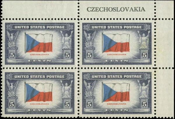 United States | Flag of Czechoslovakia Name Block of Four 5-Cent United States Postage Stamps Issued 1943 Blue violet, blue, bright red, and black Stamp Blue violet, blue, bright red, & black