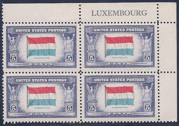 United States | Flag of Luxembourg Name Block of Four 5-Cent United States Postage Stamps Blue violet, dark rose, light blue, and black Stamp Blue violet, dark rose, light blue, & black