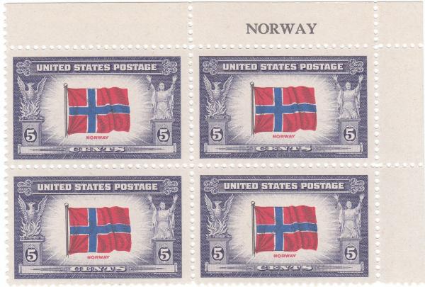 United States | Flag of Norway Name Block of Four 5-Cent United States Postage Stamps Issued 1943 Blue violet, dark rose, deep blue, and black Stamp Blue violet, dark rose, deep blue, & black