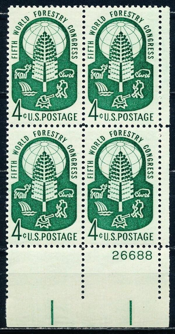 United States | Forestry Plate Block of Four 4-Cent United States Postage Stamps Issued 1960 Green Stamp Green