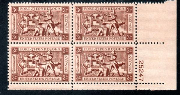 United States | Fort Ticonderoga Plate Block of Four 3-Cent United States Postage Stamps Issued 1955  Light brown Stamp Light brown