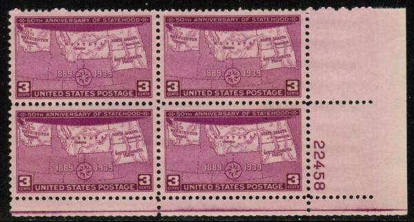 United States | Four States Statehood Plate Block of Four 3-Cent United States Postage Stamps Issued 1939 Stamp United States