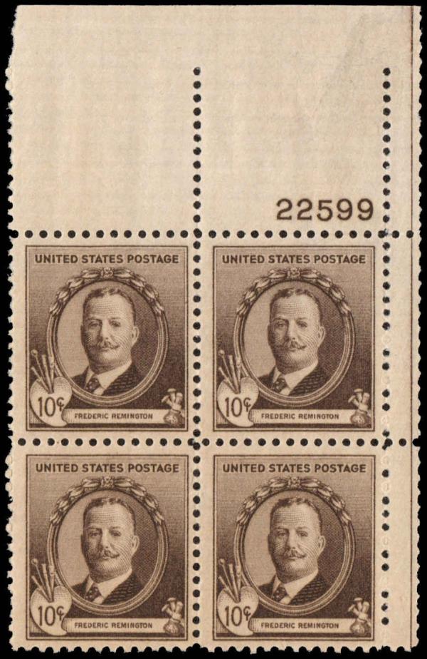 United States | Frederic Remington Plate Block of Four 10-Cent United States Postage Stamps Issued 1940 Stamp United States