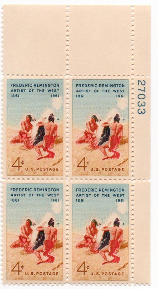 United States | Frederic Remington Plate Block of Four 4-Cent United States Postage Stamps Issued 1961 Stamp United States