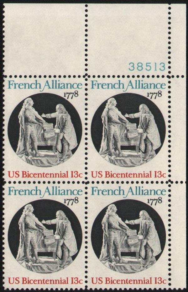 United States | French Alliance Plate Block of Four 13-Cent United States Postage Stamps Issued 1978 Blue, black and red Stamp Blue, black & red