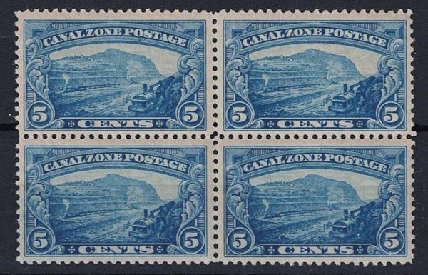 United States | Gaillard Cut Block of Four 5-Cent Canal Zone Postage Stamps Issued 1929 Blue Stamp Blue