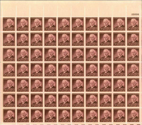 United States | George Eastman Sheet of Seventy 3-Cent United States Postage Stamps Issued 1954 Violet brown Stamp United States