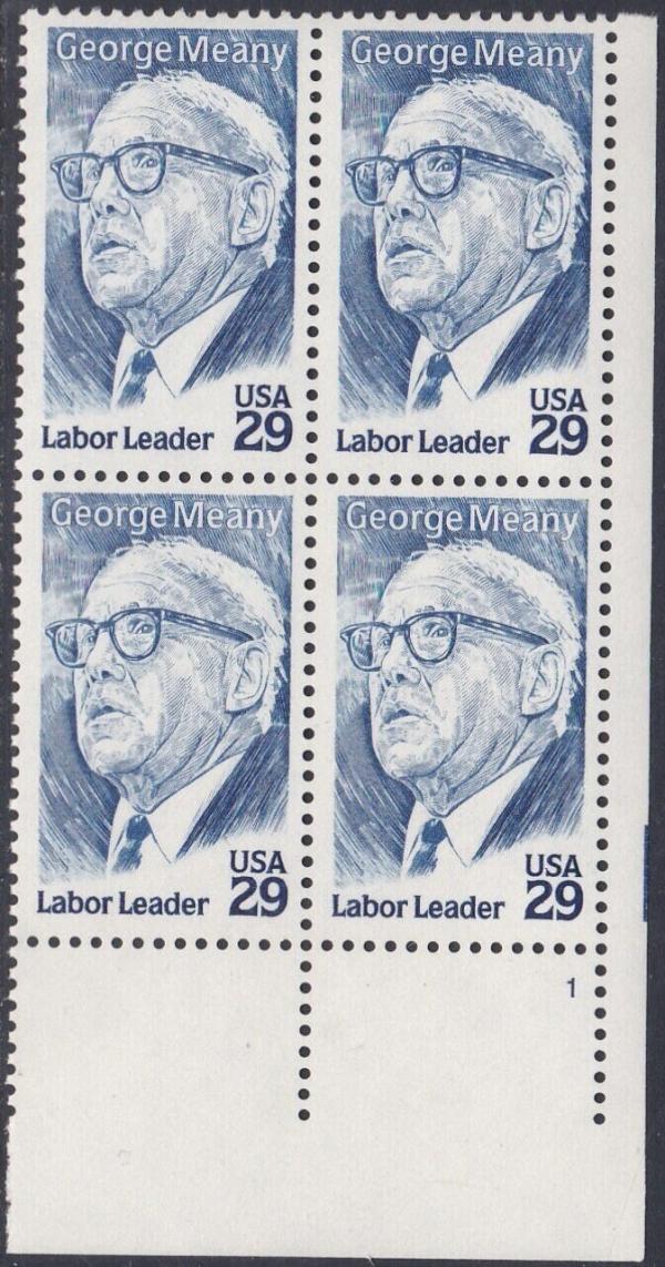 United States | George Meany Plate Block of Four 29-Cent United States Postage Stamps Issued 1994 Blue Stamp Blue