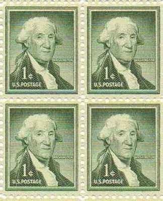 United States | George Washington Block of Four 1-Cent United States Postage Stamps Issued 1954 Dark green Stamp Dark green