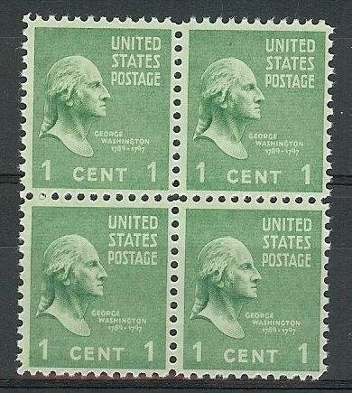 United States | George Washington Block of Four United States 1-Cent Postage Stamps Issued 1938 Green Stamp Green