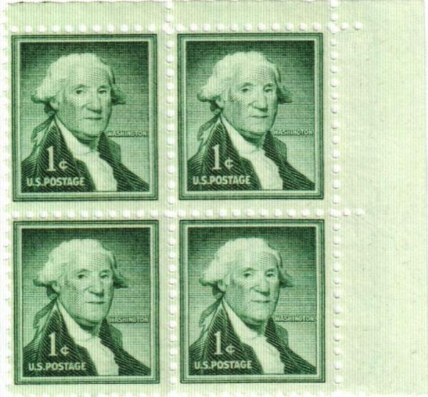 United States | George Washington Liberty Series Plate Block of Four 1-Cent US Postage Stamps Issued 1954 Dark green Stamp Dark green