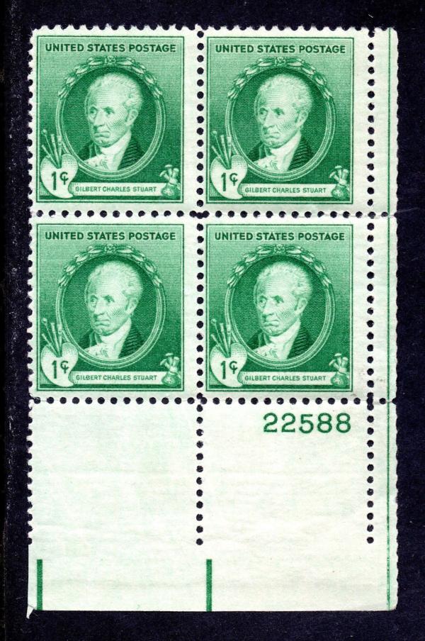 United States | Gilbert Charles Stuart Plate Block of Four 1-Cent United States Postage Stamps Issued 1940 Stamp United States