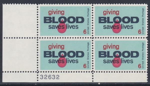 United States | Giving Blood Saves Lives Plate Block of Four 6-Cent US Postage Stamps Issued 1971 Blue, scarlet and indigo Stamp Blue, scarlet & indigo