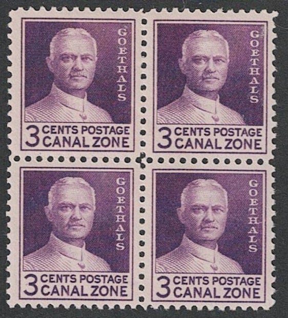 United States | Goethals Block of Four 3-Cent Canal Zone Postage Stamps Issued 1934 Deep violet Stamp Deep violet