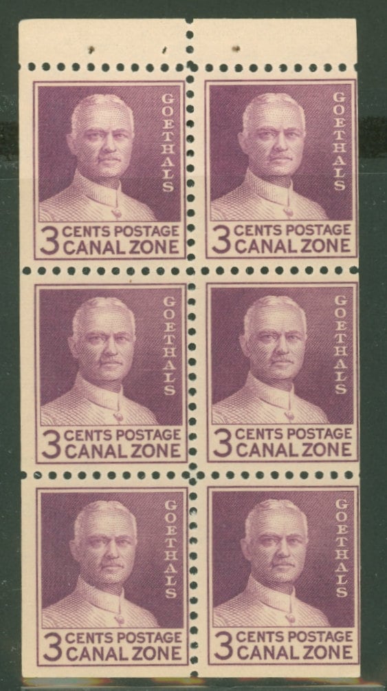 United States | Goethals Booklet Pane of Six 3-Cent Canal Zone Postage Stamps Issued 1934 Deep violet Stamp Deep violet